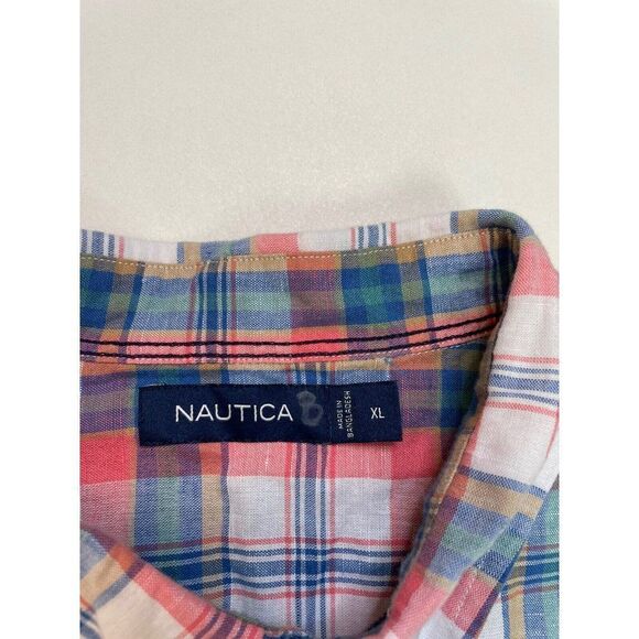 NAUTICA Plaid Linen Blend Button Up Shirt Men XL Multicolor Short Sleeve - Picture 5 of 6